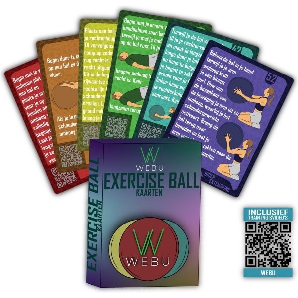 WEBU 52 Exercise Ball Kaarten - Exercise Ball - Trainingsbal - Workout -Fitness - Crossfit - Thuis Sporten - Krachttraining - Yoga - Trainingskaarten - Incl. Video instructies