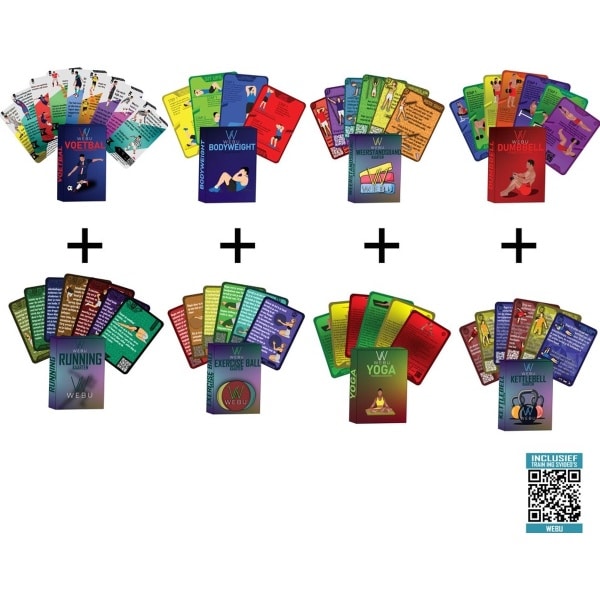WEBU [ALL IN ONE PACK] Bodyweight + Dumbbell + Exercise Ball + Kettlebell + Weerstandsband + Yoga + Voetbal + Running Kaarten | Incl. Trainingsvideo's - Fitness - Crossfit - Krachttraining - Kettlebell - Yoga - Thuis Sporten