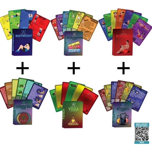 WEBU Bodyweight + Dumbbell + Exercise Ball + Kettlebell + Weerstandsband + Yoga Kaarten | Incl. Trainingsvideo's - Fitness - Crossfit - Krachttraining - Kettlebell - Yoga - Thuis Sporten