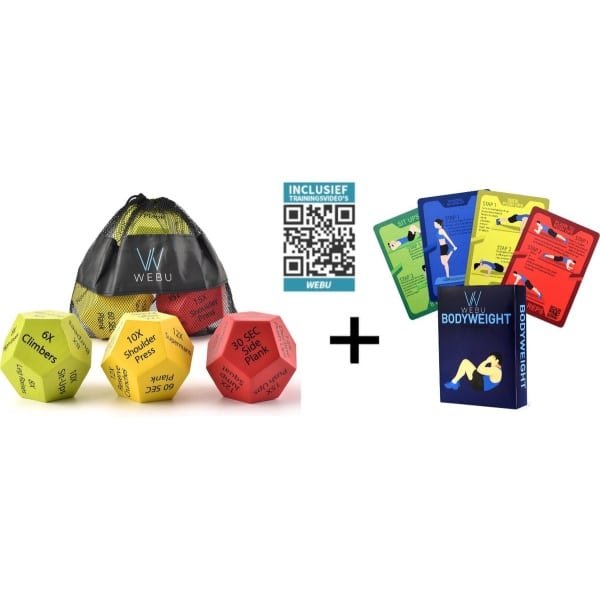 WEBU Workout Dobbelstenen + 51 Bodyweight Kaarten | Incl. Trainingsvideo's - Fitness - Crossfit - Thuis Sporten - Krachttraining - Yoga