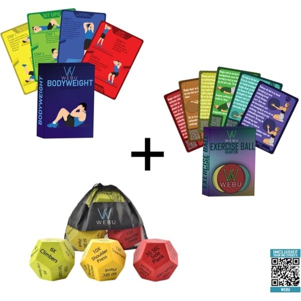 WEBU Workout Dobbelstenen + Bodyweight Kaarten + Exercise Ball trainingskaarten | Incl. Trainingsvideo's - Fitness - Crossfit - Thuis Sporten - Krachttraining - Yoga