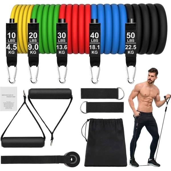 Weerstandsbandenset-van natuurlijk latex- Weerstandsbanden set Extra versterking- 11- delig-gewicht tot 68KG-Resistance Bands -fitnessbanden-5 verschillende sterktes-fitnessapparaten- sport krachttraining