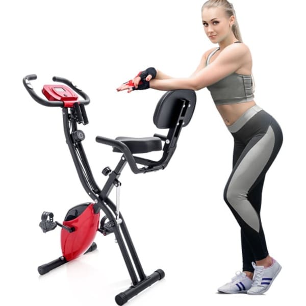 X-Bike, magnetische opvouwbare fitnessfiets, hometrainer voor cardiotraining indoor cycling met trainingscomputer en uitbreidingsbanden,rood