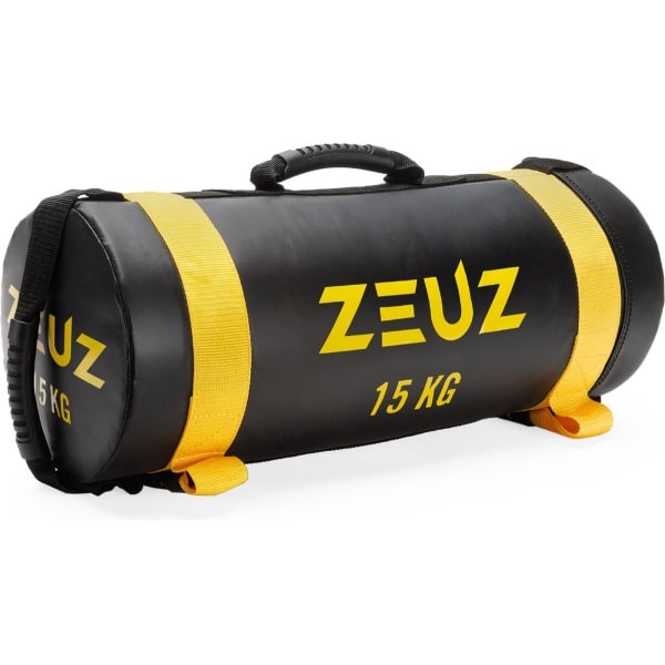ZEUZ Powerbag 15 KG - Core Power Bag voor Fitness & CrossFit - Sandbag & Gewichtzak - 55 x 22 cm - Zwart & Geel