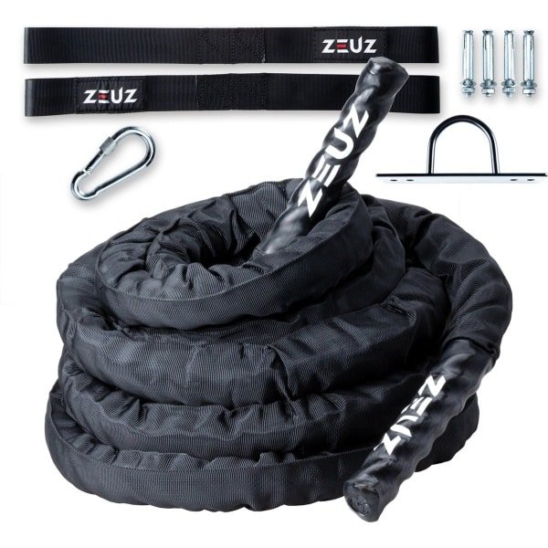ZEUZ Premium 9 Meter Battle Rope inclusief Nylon Sleeve & Bevestigingsmateriaal - Training Touw voor Fitness & CrossFit - Thuis trainen