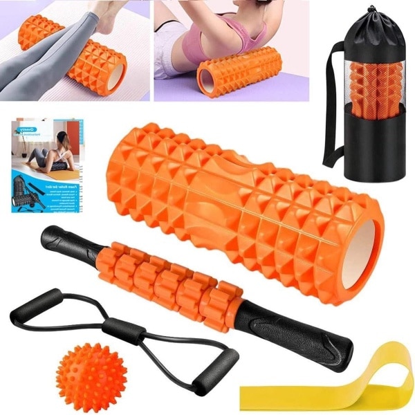 Foam Roller Fasciarol set met massageroller weerstandsbanden krachttraining massagebal fitnessbanden 33 cm schuimrol voor yoga pilates met poster (oranje)