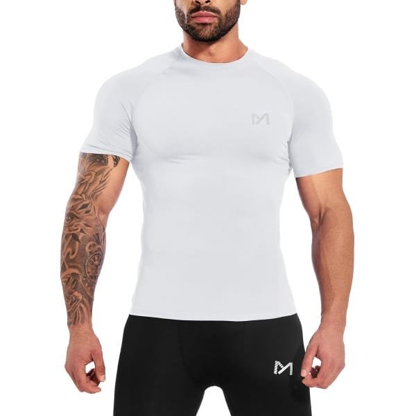 MEETYOO Sport Tanktop Heren - Sportkleding Man -Compressieoverhemden voor heren korte mouwen Workout -shirt - T-Shirt Heren - Fitnesskleding - Jongens Kleding voor Fitness, CrossFit & Gym -Wit-XL