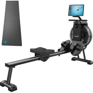 Skandika Mora Water Roeimachine SET - Roeitrainers - Roeimachine (172l x 45b x 54h cm) + Mat (65 x 230 cm) - Fitness voor thuis, waterweerstand - Kinomap App Compatible, Bluetooth, Computer, Tablet Houder - Ruimtebesparende Roeimachines - zwart