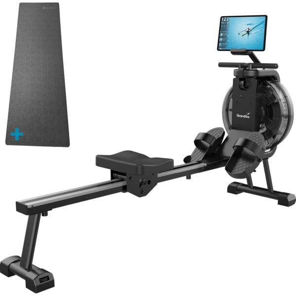 Skandika Mora Water Roeimachine SET - Roeitrainers - Roeimachine (172l x 45b x 54h cm) + Mat (65 x 230 cm) - Fitness voor thuis, waterweerstand - Kinomap App Compatible, Bluetooth, Computer, Tablet Houder - Ruimtebesparende Roeimachines - zwart