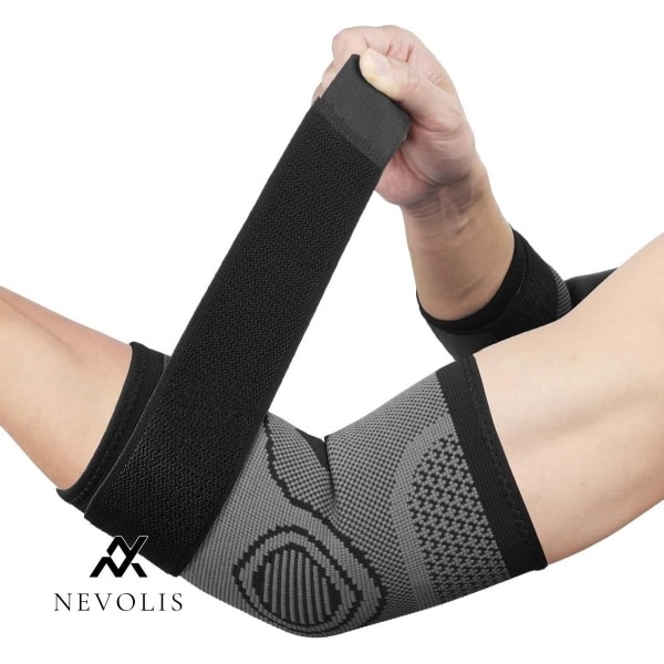 Nevolis Elleboogbrace Verstelbare Elastisc Ademend Elleboogsteun with Elastische Band Compressie Elleboogbandage for Gewichtheffen Krachttraining Golfer Tennis Elleboog Pijnbestrijding Tendinitis en Gewrichtspijn - 1 Paar (M) .