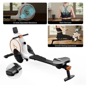 Roeimachine - Roeiapparaat - Magnetische Roeitrainer Fitness - Bluetooth Smart Rower - Geluidsstil - 32 Weerstandsniveaus - LED Display - 300LBS Draagvermogen - Wit