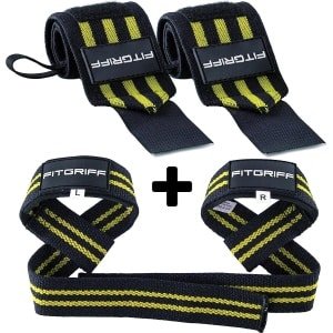 Set polsbanden + hijsbanden - voor fitness, krachttraining en bodybuilding - voor mannen en vrouwen, zwart