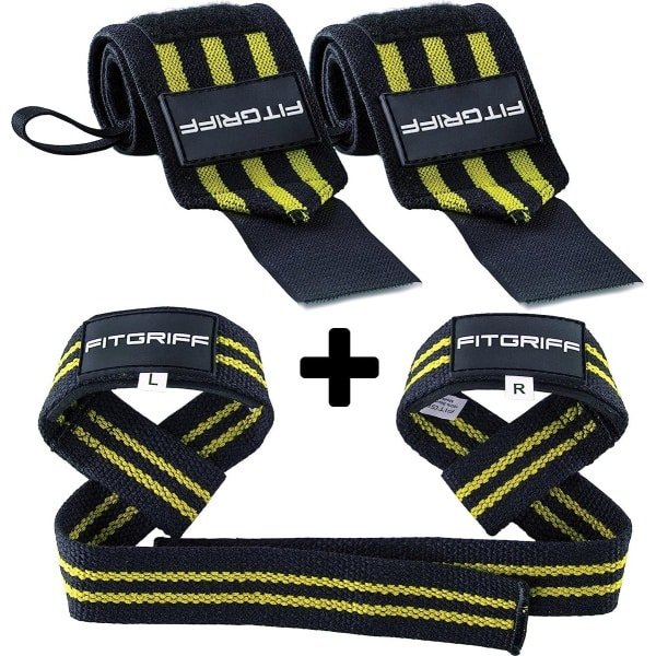 Set polsbanden + hijsbanden - voor fitness, krachttraining en bodybuilding - voor mannen en vrouwen, zwart