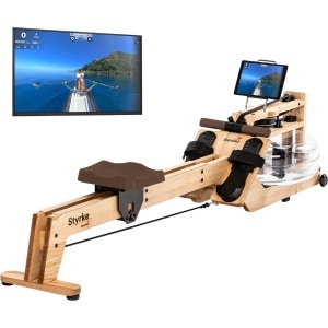 Skandika Styrke Roeitrainer - Roeitrainers - Roeiapparaat Fitness - Echt essenhouten waterroeier & regelbare waterweerstand, waterroeiapparaat voor thuis, gebruiker tot 200 cm/180 kg - 211 x 54 x 68 cm (LxBxH) - Made in Germany - klassiek hout/bruin