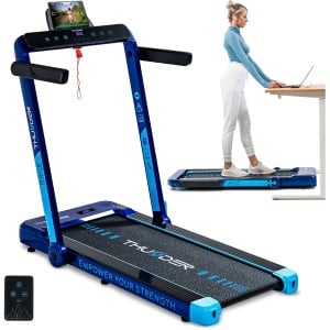 THUNDER® Loopband | RACE-BLUE| Opvouwbaar & Krachtig | Sneltoetsen | Veiligheidssleutel | Transportwielen | Bluetooth App | Afstandsbediening | Luidsprekers | Max. 130 kg |