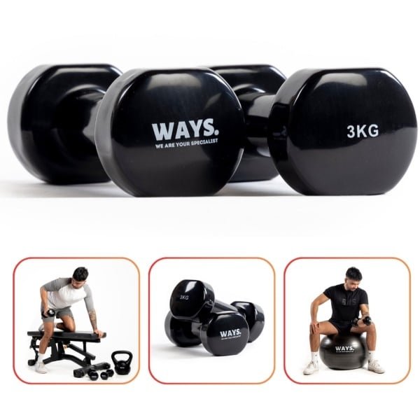 WAYS. Fitness - Dumbbells - 2 x 3 KG - Vinyl - Krachttraining & Home Gym - Zwart