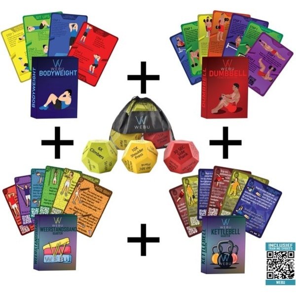 WEBU Workout Dobbelstenen + Bodyweight, Dumbbell, Weerstandsband en Kettlebell Workout Kaarten | Incl. Trainingsvideo's - Fitness - Crossfit - Thuis Sporten - Krachttraining - Yoga - Weerstandsbanden