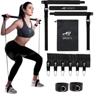 AJ-Sports Weerstandsbanden Set Pro - Pilates Bar - Weerstandsbanden - Fitness Bar - Tot 100 KG Verstelbaar - Pilates Stick - Inclusief 6 Weerstandsbanden - Resistance Band Set - Crossfit - Zwart