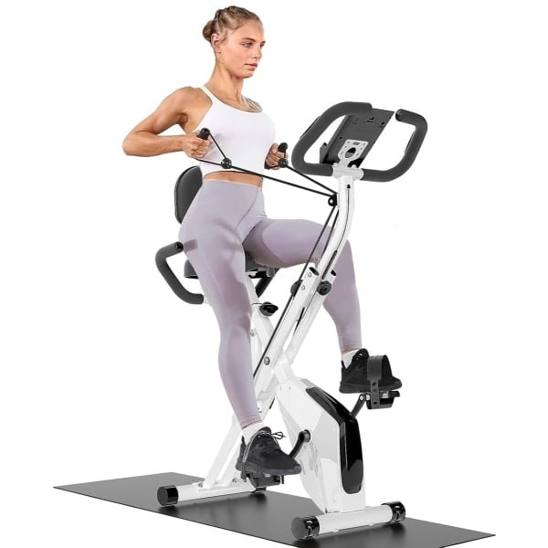 Hometrainer - Fitness Fiets - 4 in 1 - LCD Display - Systeem Magnetisch - 8 Weerstandsniveaus -Transportwielen - Comfortabele Zitting - voor Gewichtsverlies - Batterij-aangedreven - 150kg - Wit