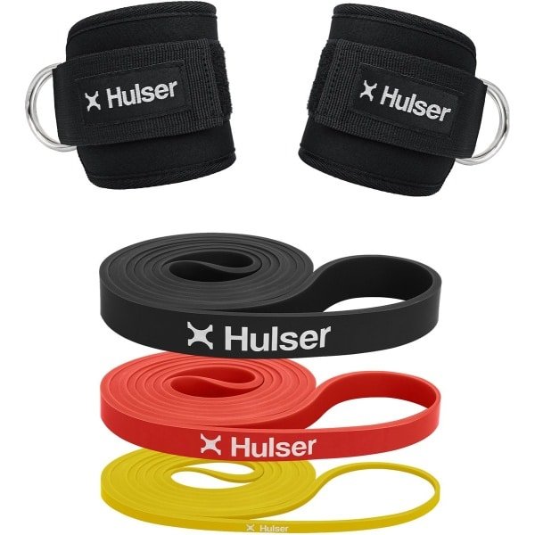 Hulser Sportieve bundel - Ankle straps en resistance banden - Weerstandsbanden set van 2 tot 30 kg - 104 / 208cm - 2 x Enkel strap - Enkelband Cuff - 3 x Fitness band voor pull up - Krachttraining , Stretch & Lifting met o.a. kickback - Power band