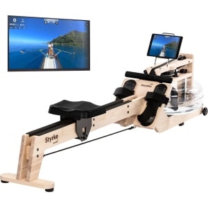 Skandika Styrke Roeitrainer - Roeitrainers - Roeiapparaat Fitness - Echt essenhouten waterroeier & regelbare waterweerstand, waterroeiapparaat voor thuis, gebruiker tot 200 cm/180 kg - 211 x 54 x 47 cm (LxBxH) - Made in Germany - arcticwit hout/zwart
