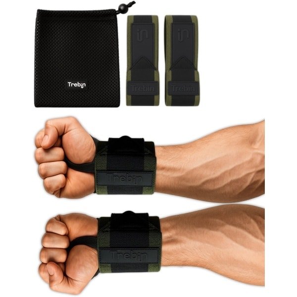 Trebin Wrist Wraps Krachttraining - Geschikt voor Fitness & CrossFit - Dames & Heren - Polsbanden - Polsbrace - Zwart & Groen - One Size - 2 Stuks