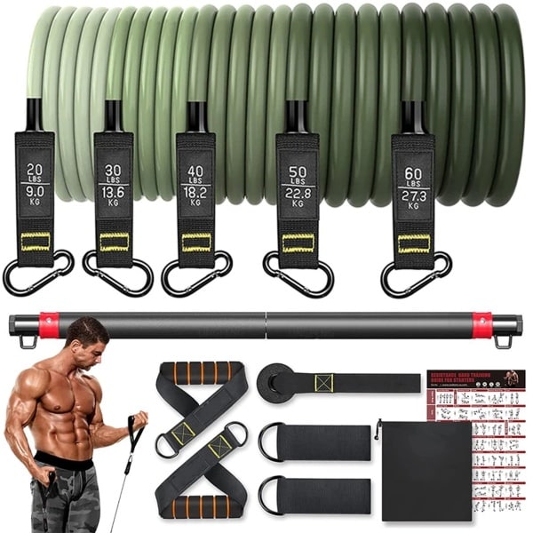 Weerstandsbandset Fitness - 5 Tubes Trainingsbanden met Deuranker, Handgrepen, Enkelbanden en Fitnessstok | Oefenbanden voor Krachttraining, Thuisfitness en Revalidatie
