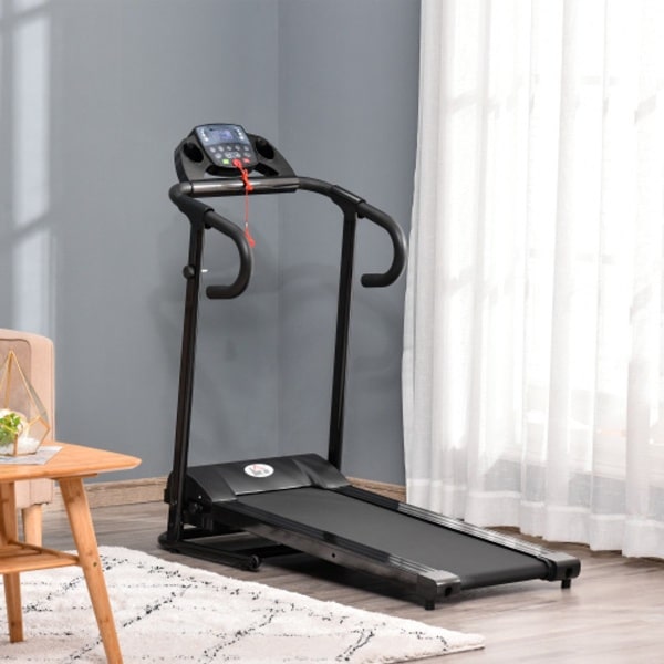 Elektrische opvouwbare loopband 500W 0.8-10km/h met LCD display & mobiele telefoonhouder in zwart 123x62x117cm voor thuisgebruik