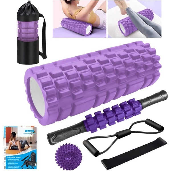 Fasciarol 6-in-1 foamroller - massage en krachttraining - paars - 33 cm