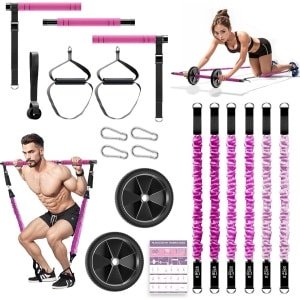 Pilates barset met 6 weerstandsbanden, fitnessbanden, pilatesstangen, set met AB-rol, 20/30/40lbs weerstandsbanden, handgrepen, deuranker voor krachttraining en lichaamsversteviging