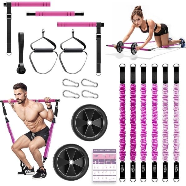Pilates barset met 6 weerstandsbanden, fitnessbanden, pilatesstangen, set met AB-rol, 20/30/40lbs weerstandsbanden, handgrepen, deuranker voor krachttraining en lichaamsversteviging