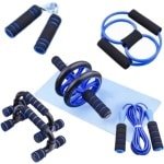 Velours Max® - Fitness Set 6 in 1 - Push Up Bars - Springtouw - Ab Roller - Opdruksteunen - Yoga Mat - Thuis Fitness - Blauw - Weerstandsbanden - Fitness - Fitness Mat - Fitness Elastiek - Fitnessmat - Krachttraining - Sport - Yoga - Yogamat