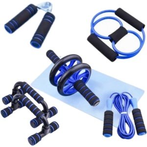 Velours Max® - Fitness Set 6 in 1 - Push Up Bars - Springtouw - Ab Roller - Opdruksteunen - Yoga Mat - Thuis Fitness - Blauw - Weerstandsbanden - Fitness - Fitness Mat - Fitness Elastiek - Fitnessmat - Krachttraining - Sport - Yoga - Yogamat