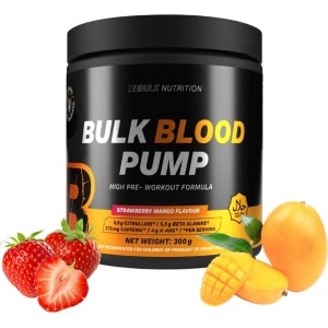 BeBulk Nutrition - Bulk Blood 300g Pre-Workout Pump, Aardbei Mango, 6g Citrulline, 6g Beta-alanine, 4g AAKG, 400mg caffeine, 500mg Tyrosine- Hoge kwaliteit - Gemaakt in Nederland