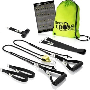 BodyCROSS® Hoogwaardig Looptrainingstoestel met Wielen - gemaakt in Duitsland, getest en gecertificeerd, compleet trainingsset met deuranker, trainingsposter, plan en stevige bevestigingsgesp, ideaal voor loop- en krachttraining thuis en outdoor