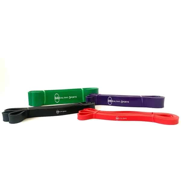 Complete set van 4 weerstandbanden met verschillende sterktes - ideaal voor krachttraining, revalidatie of thuisworkouts.