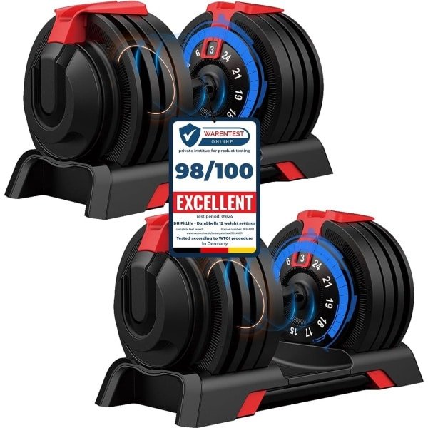 DH FitLife Verstelbare Dumbbells Set 24KG | 2 STUKS | 12-in-1 Variabele Gewichten | Adjustable Dumbells van 3 tot 24 kg | Krachttraining, Korte Halterset met Ruimtebesparende Halterschijven voor Thuistraining, Korte Halters Verstelbaar