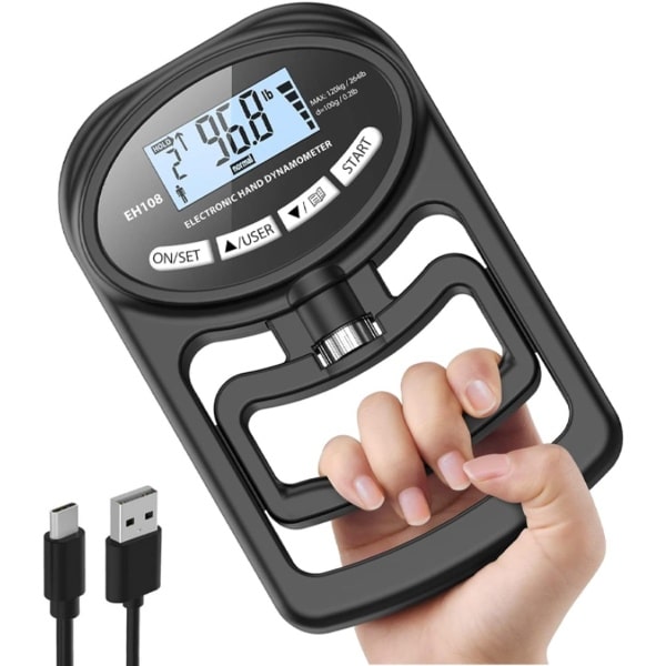 Digitale Handdynamometer - 396Lbs/180Kg Grip Krachttrainer - Grip Sterkte Tester Meter - Usb en Batterij - Knijpkracht Handtrainer - Elektronische Grijpkracht - Lcd-display - Ergonomisch Design - Handoefeningen voor Kracht - Zwart