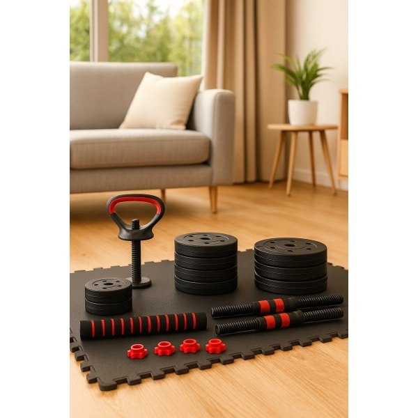 Fameilleur halterset-fitnessartikelen-fitness accessoires-dumbbells- 18 kg-Verstelbare Dumbbells +Halterstang +Kettlebell - Gewichtenset voor Thuis Fitness -Met 8 Gewichten- Antislip Handgrepen-Full Body Krachttraining-Gewichten voor Mannen & Vrouwen