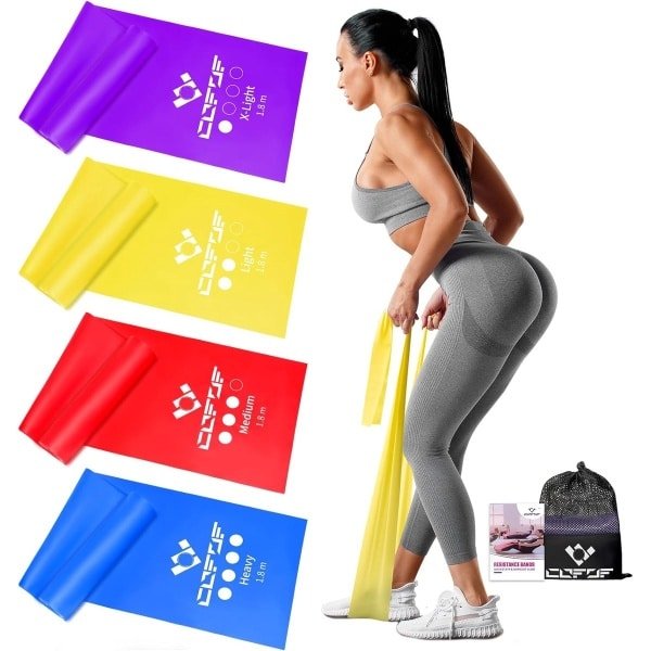 Fitnessbanden set van 4, oefenbanden met 4 weerstandsniveaus, fitnessband met draagtas en oefeninstructies meegeleverd. Ideaal voor yoga, pilates, krachttraining, fysiotherapie