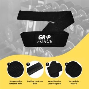 Grip Force Lifting Straps - Krachttraining Accessoires - Powerlifting Straps - Deadlift Straps - Extra Grip - Zwart