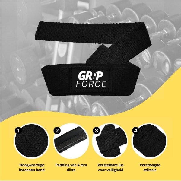 Grip Force Lifting Straps - Krachttraining Accessoires - Powerlifting Straps - Deadlift Straps - Extra Grip - Zwart