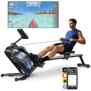MERACH Magnetische Waterroeimachine voor thuis - Roeitrainer met LCD-display - Ondersteunt Bluetooth app - Instelbare weerstandsniveaus - Met iPad-houder en ergonomisch zitkussen - 150 kg gewichtscapaciteit - Verticale opslag