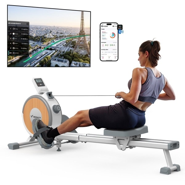 MERACH Roeimachine voor thuis - Stille magnetische roeitrainer- Exclusieve app - 16 weerstandsniveaus - Verbeterde dubbele glijrails - Bluetooth-display & tablet-houder - Verticale opslag - Gemakkelijk te monteren - Belastbaar tot 158 kg