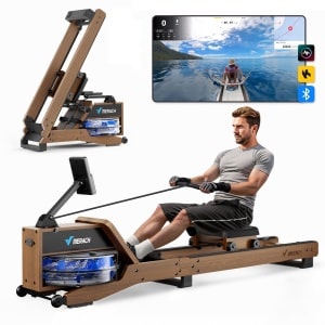 MERACH Roeitrainer voor thuis van rode eikenhout - Waterroeimachine - Inklapbaar ontwerp - Bluetooth-display - Compatibel met Kinomap - Verstelbare telefoonhouder & ergonomisch zitje - Eenvoudige montage - Verticale opslag - Belastbaar tot 158 kg