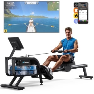 MERACH Waterroeimachine met 15L watertank - Stalen frame - Eenvoudig te verplaatsen - Roeitrainer met LCD-monitor - Ergonomisch zitje - Bluetooth & Kinomap-compatibel - Ruimtebesparend ontwerp - Echt-tijd fitnessmonitor - Stille training tot 136 kg