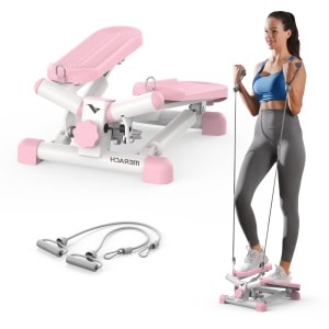 Merach 2-in-1 Mini Stepper met LCD-monitor - Draaistapper en Zijstapper - Weerstandsbanden - Belastbaar tot 150 kg - Voor Been-/Arm-/Biltraining - Beginners & Gevorderden - Fitnessoefeningen voor het Thuiskantoor - Hometrainer met Weerstand - Roze