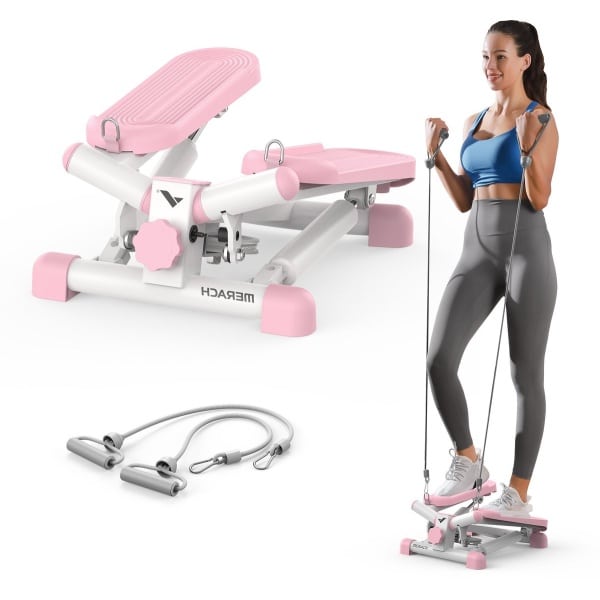 Merach 2-in-1 Mini Stepper met LCD-monitor - Draaistapper en Zijstapper - Weerstandsbanden - Belastbaar tot 150 kg - Voor Been-/Arm-/Biltraining - Beginners & Gevorderden - Fitnessoefeningen voor het Thuiskantoor - Hometrainer met Weerstand - Roze