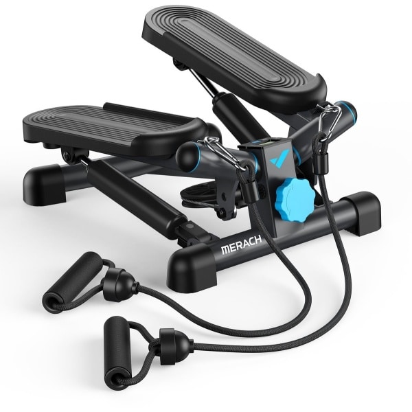 Merach 2-in-1 Mini Stepper met LCD-monitor - Draaistapper en Zijstapper - Weerstandsbanden - Belastbaar tot 150 kg - Voor Been-/Arm-/Biltraining - Beginners & Gevorderden - Fitnessoefeningen voor het Thuiskantoor - Hometrainer met Weerstand - Zwart
