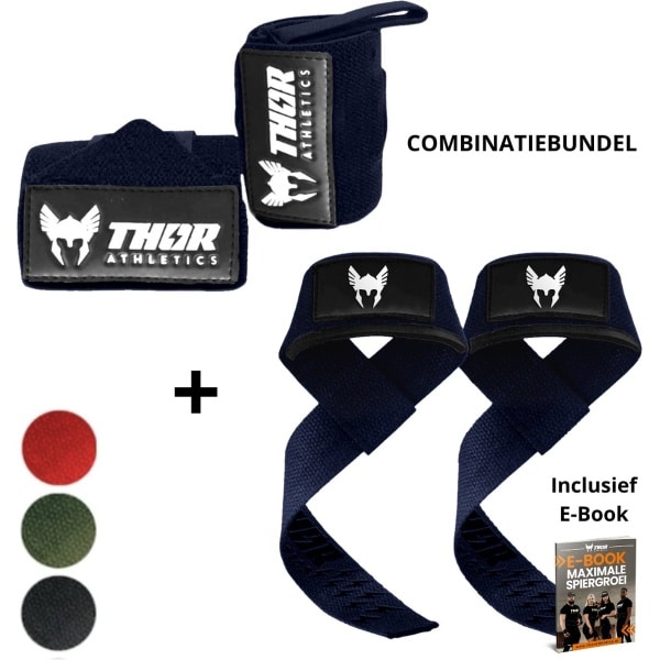 Thor Athletics Lifting Straps + Wrist Wraps 60cm (Flexibel) - Combinatie Bundel - Krachttraining Accessoires - Powerlifting Straps - Polsbrace - Navy Blue - Inclusief E-Book